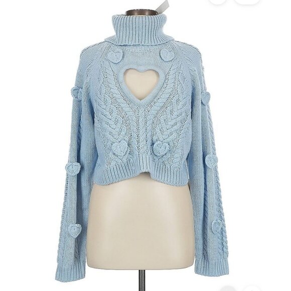 💙 NWT Love & Lemons Baby Blue Rebecca Heart Cutout Sweater Appliqué Knit Size M - Picture 6 of 11
